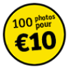 cercle jaune avec texte offrant 100 photos pour 10 euros visible et clair