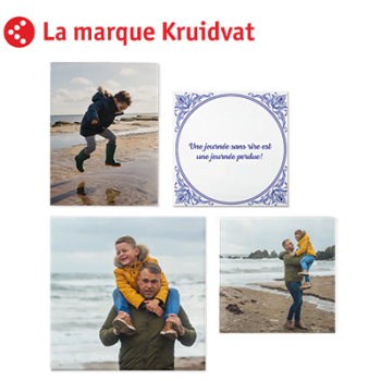 Enfant qui saute sur la plage, père portant l’enfant sur ses épaules en souriant, texte « Une journée sans rire est une journée perdue »