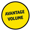 Un cercle jaune avec le texte avantage volume en lettres noires