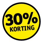 Fel geel rond vlak met grote zwarte tekst 30 procent korting